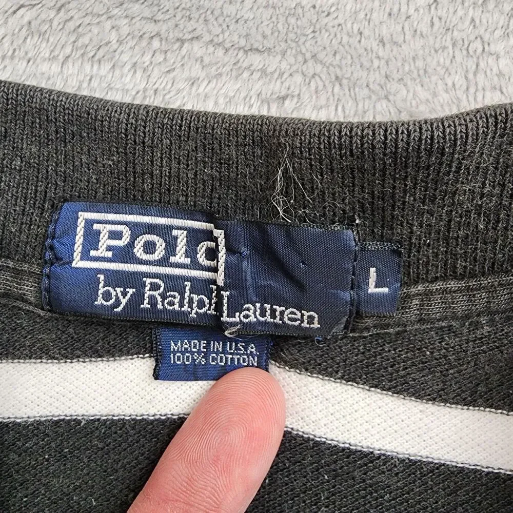 VTG Polo Ralph Lauren Mens Sz L Black & White Stripes 100 Cotton USA Made Pocket